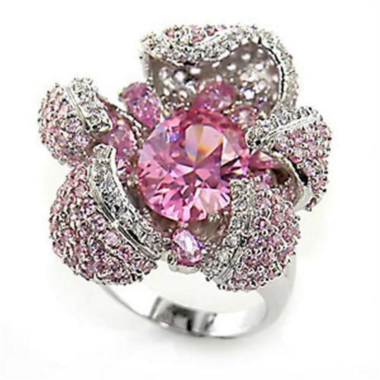 Rhodium Brass Ring with AAA Grade CZ, Rose - Size 5