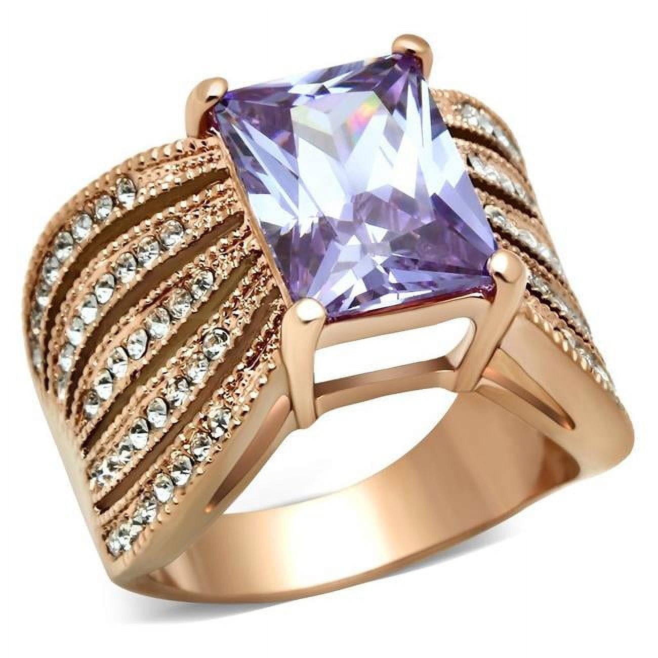IP Rose Gold Ion Plating Brass Ring with AAA Grade CZ, Light Amethyst - Size 5