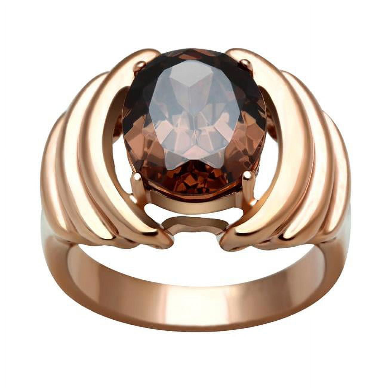 IP Rose Gold Ion Plating Brass Ring with AAA Grade CZ, Brown - Size 5