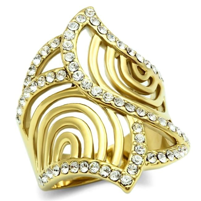 IP Gold Ion Plating Brass Ring with Top Grade Crystal, Clear - Size 6