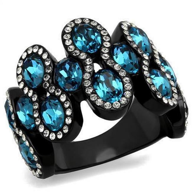 TK2289-9 IP Black Ion Plating Stainless Steel Ring with Top Grade Crystal, Aquamarine - Size 9