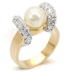 Gold & Rhodium Brass Ring with Synthetic Pearl, White - Size 5
