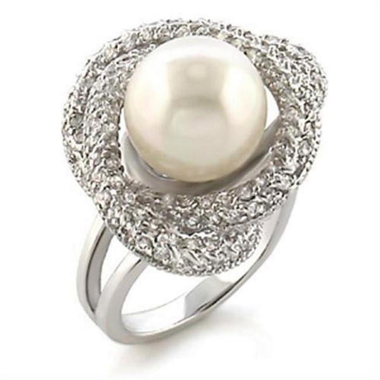 Picture of Alamode 9W005-10 Rhodium Brass Ring with Synthetic Pearl, White - Size 10
