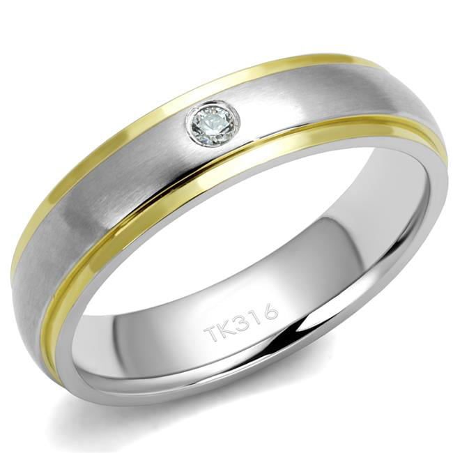 Men Two-Tone IP Gold Stainless Steel Ring with AAA Grade CZ in Clear - Size 12