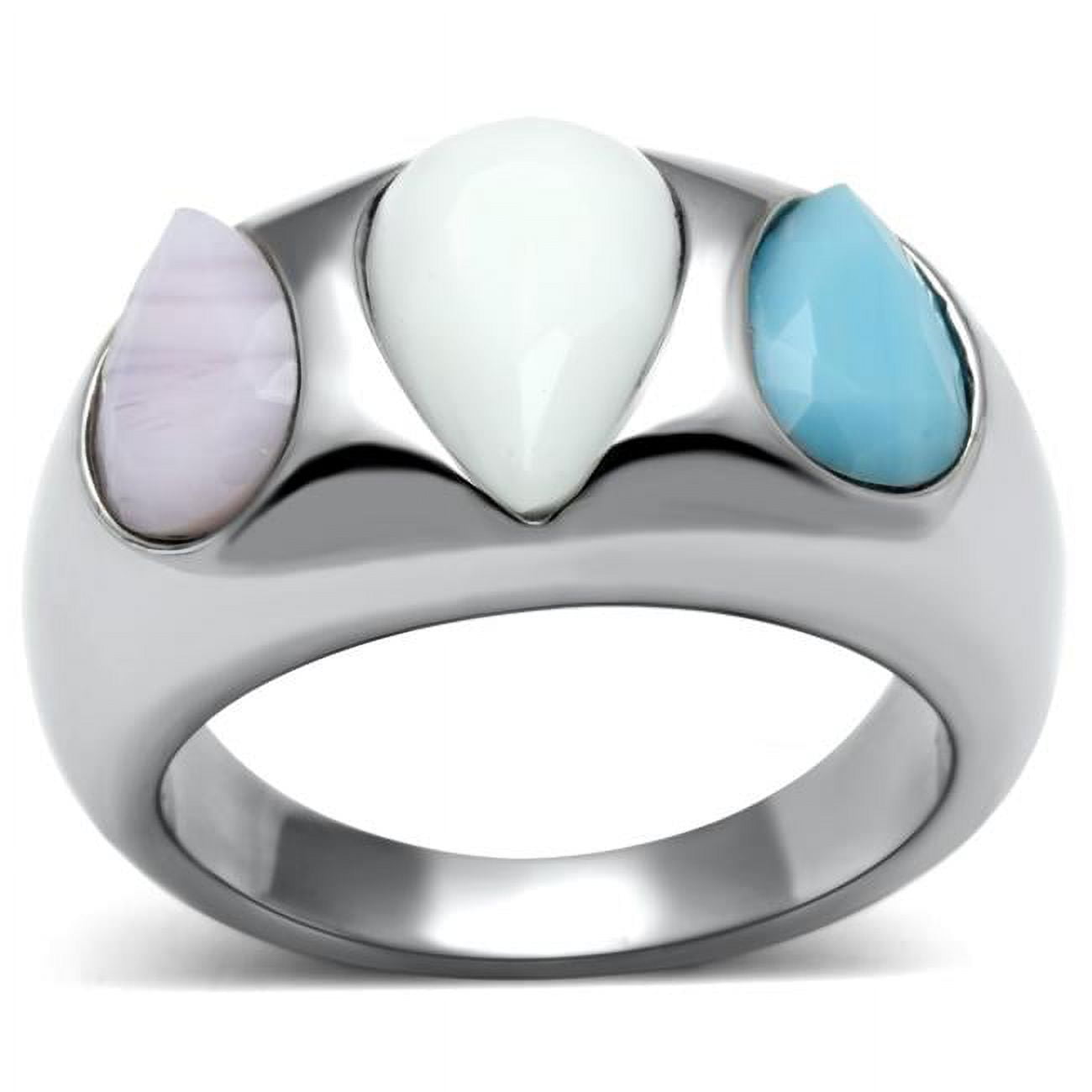 TK690-7 High Polished No Plating Stainless Steel Ring with Synthetic Glass, Multi Color - Size 7