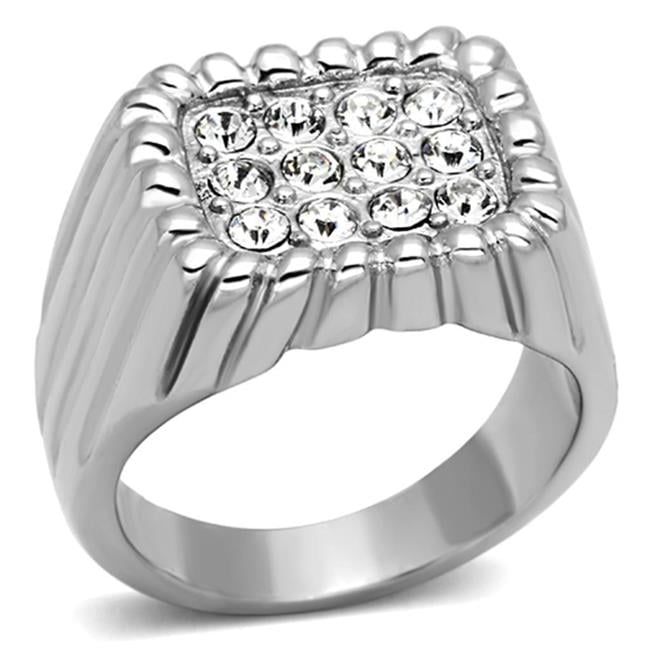 High Polished No Plating Stainless Steel Ring with Top Grade Crystal, Clear - Size 6