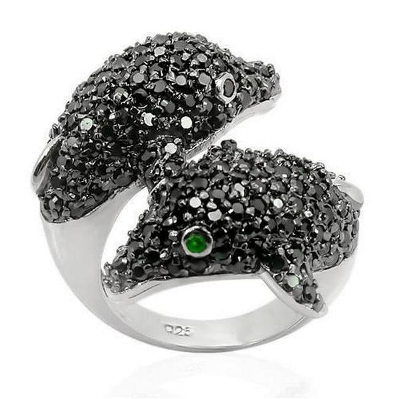 Rhodium & Ruthenium 925 Sterling Silver Ring with Synthetic Glass, Emerald - Size 7