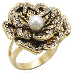 1W063-9 Gold Brass Ring with Synthetic Pearl, Citrine Yellow - Size 9