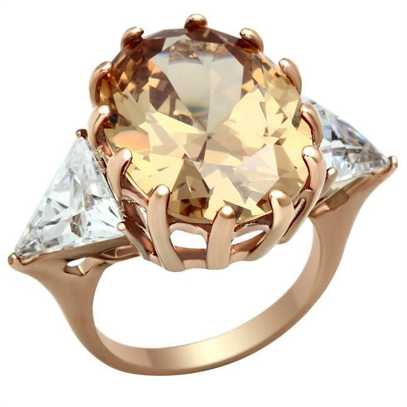 IP Rose Gold Ion Plating Brass Ring with AAA Grade CZ, Champagne - Size 9