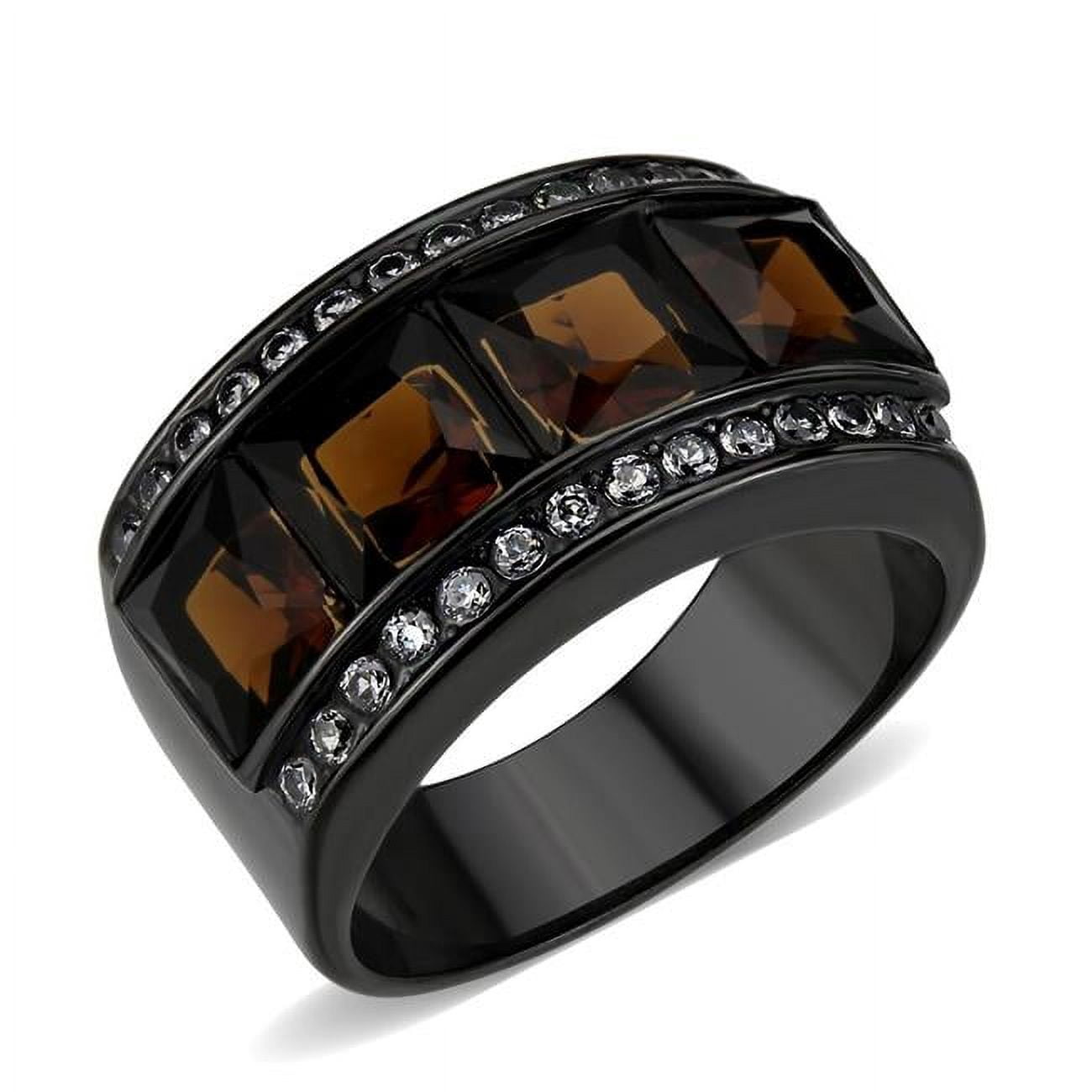IP Black Stainless Steel Ring with Synthetic Stone, Brown - Size 6