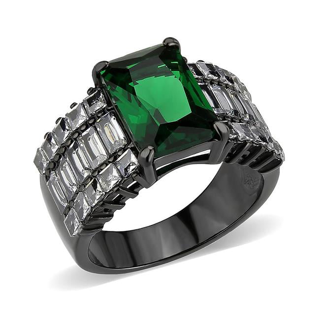 IP Black Ion Plating Stainless Steel Ring with Synthetic Stone, Emerald - Size 6