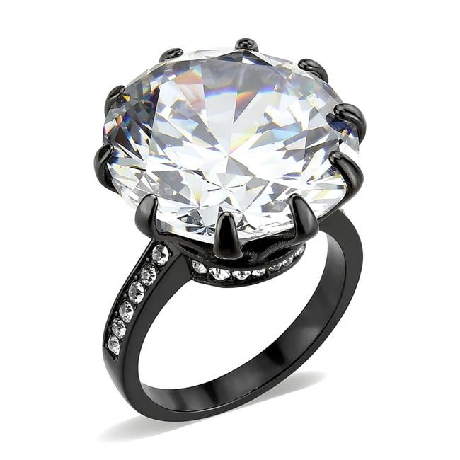 IP Black Ion Plating Stainless Steel Ring with AAA Grade CZ, Clear - Size 6