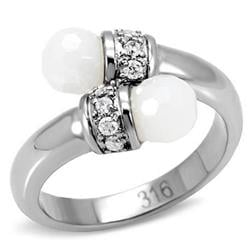 High Polished No Plating Stainless Steel Ring with Milky CZ, White - Size 5
