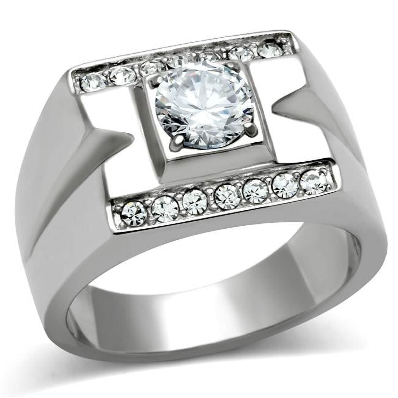 Men High Polished Stainless Steel Ring with AAA Grade CZ in Clear - Size 11
