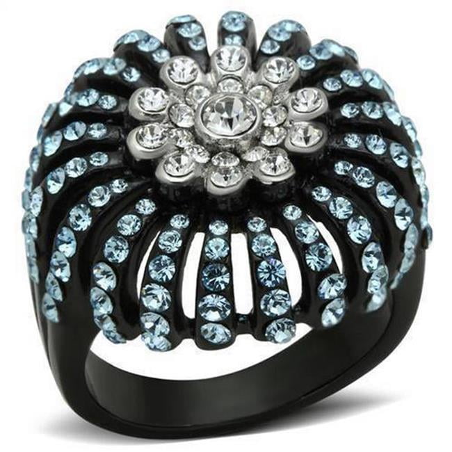 Two-Tone IP Black Stainless Steel Ring with Top Grade Crystal, Sea Blue - Size 7