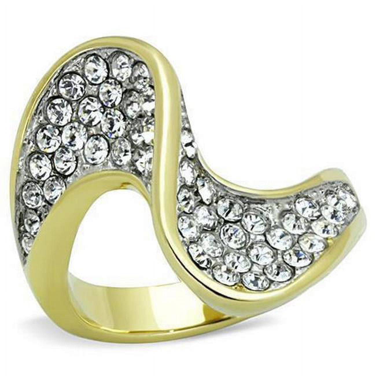Two-Tone IP Gold Ion Plating Stainless Steel Ring with Top Grade Crystal, Clear - Size 5