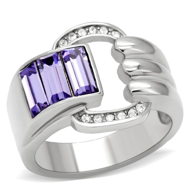TK181-5 High Polished No Plating Stainless Steel Ring with Top Grade Crystal, Tanzanite - Size 5
