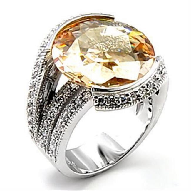 Rhodium Brass Ring with AAA Grade CZ, Champagne - Size 6