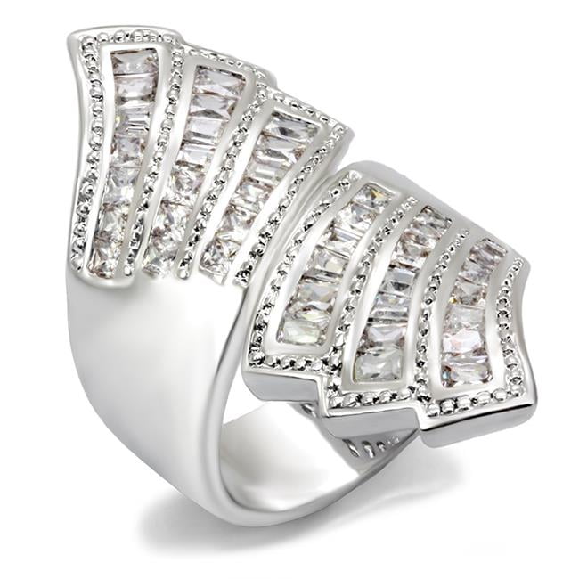 Rhodium Brass Ring with AAA Grade CZ, Clear - Size 5