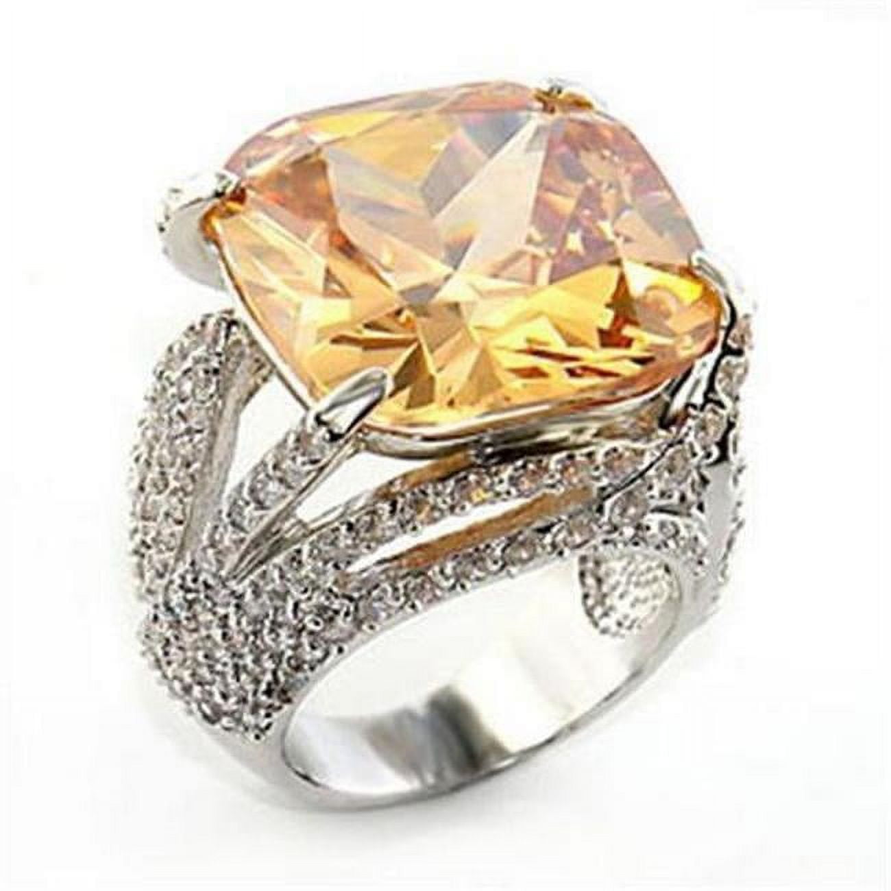Rhodium Brass Ring with AAA Grade CZ, Champagne - Size 7