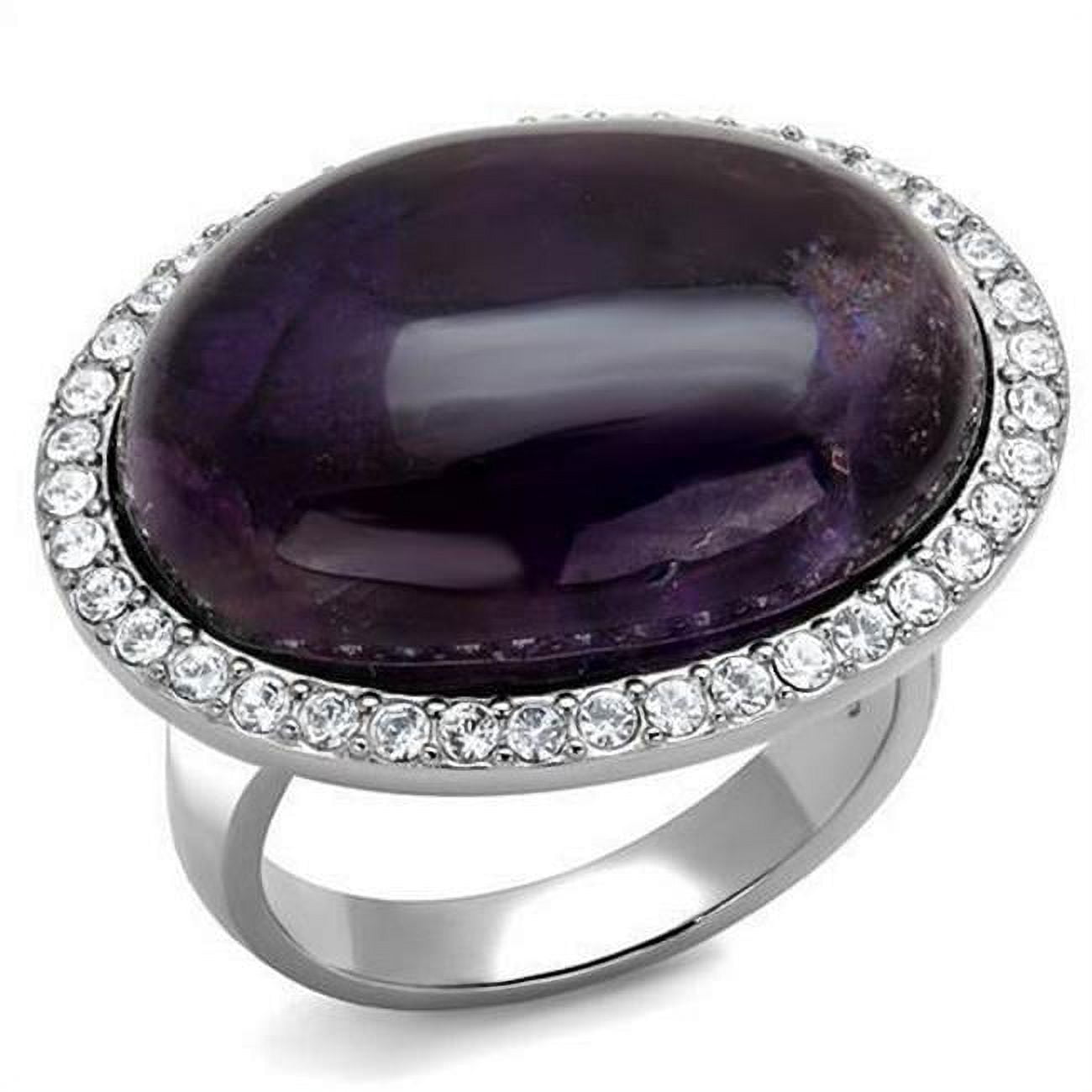 TK3083-5 High Polished No Plating Stainless Steel Ring with Semi-Precious Amethyst Crystal, Size 5