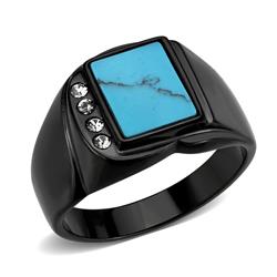 IP Black Stainless Steel Ring with Synthetic Stone, Sea Blue - Size 11