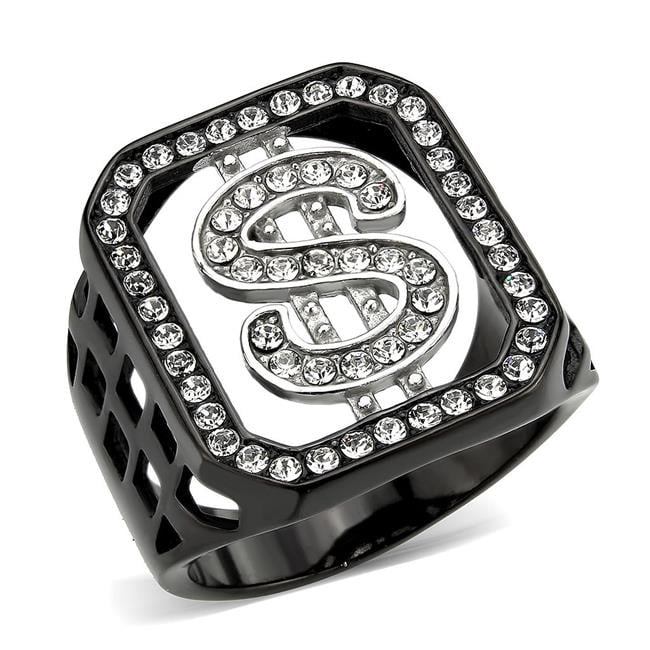 Two Tone IP Black Ion Plating Stainless Steel Ring with Top Grade Crystal, Clear - Size 11