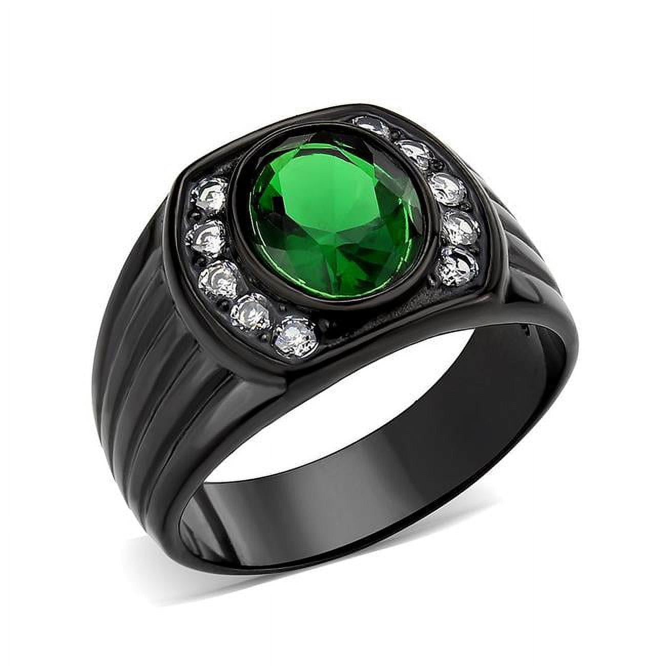 TK3764-11 IP Black Ion Plating Stainless Steel Ring with Synthetic Stone, Emerald - Size 11
