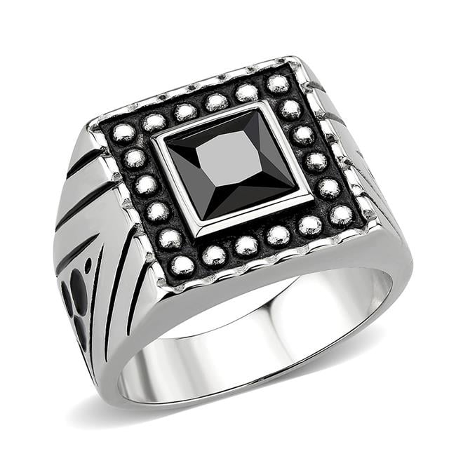 High Polished No Plating Stainless Steel Ring with AAA Grade CZ, Jet - Size 10