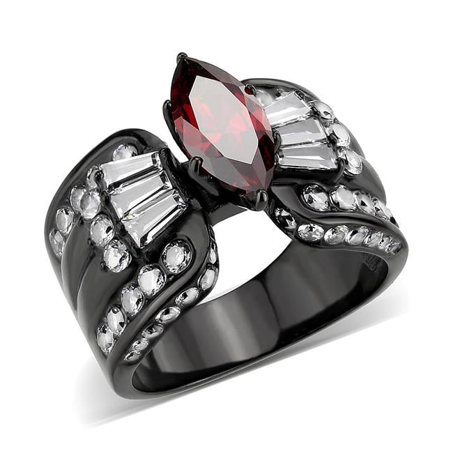 TK3776-7 IP Black Ion Plating Stainless Steel Ring with AAA Grade CZ, Garnet - Size 7