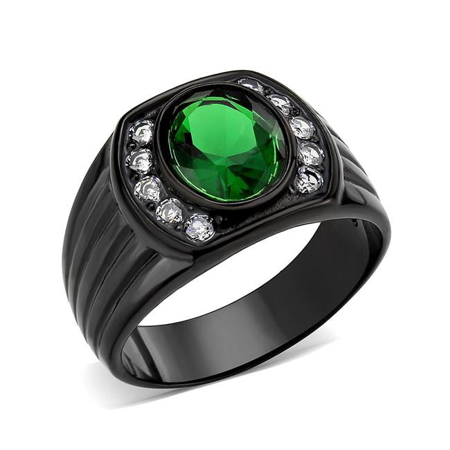 TK3764-10 IP Black Ion Plating Stainless Steel Ring with Synthetic Stone, Emerald - Size 10