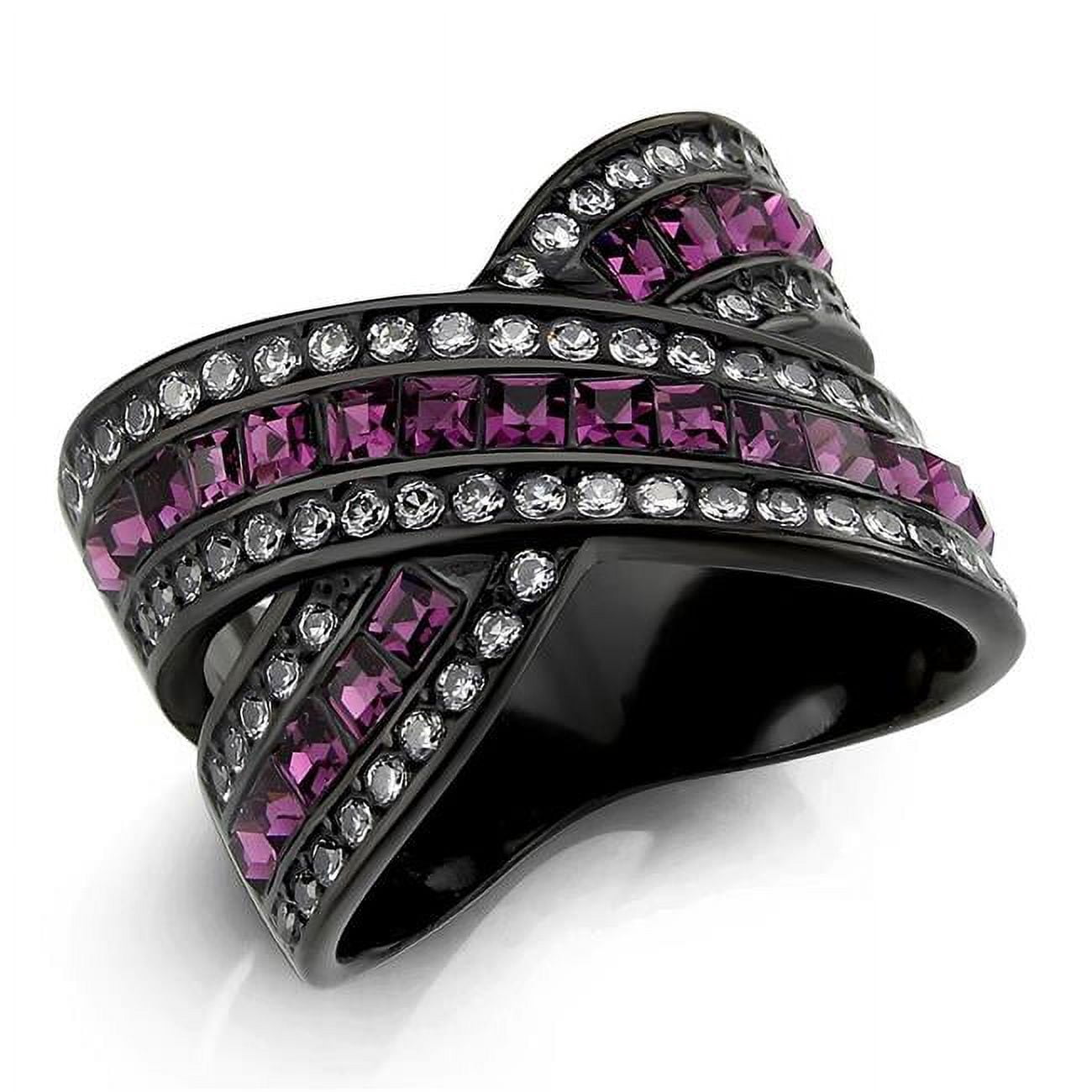 IP Black Ion Plating Stainless Steel Ring with Top Grade Crystal, Amethyst - Size 7