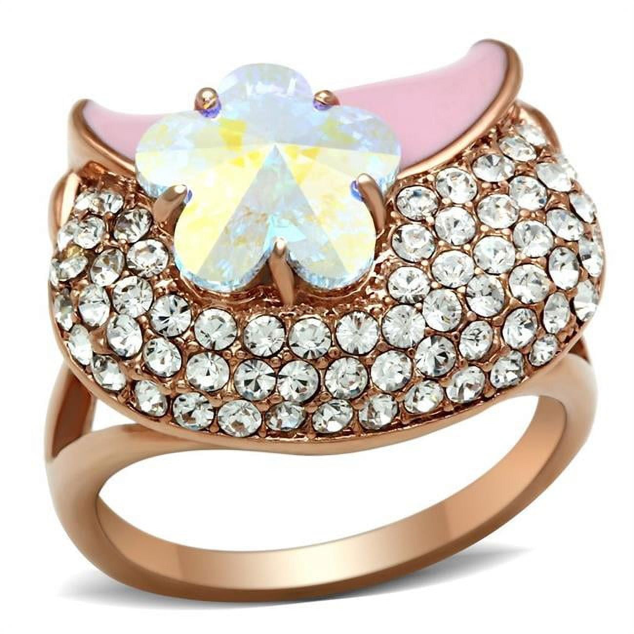 IP Rose Gold Ion Plating Brass Ring with Top Grade Crystal, Clear - Size 6