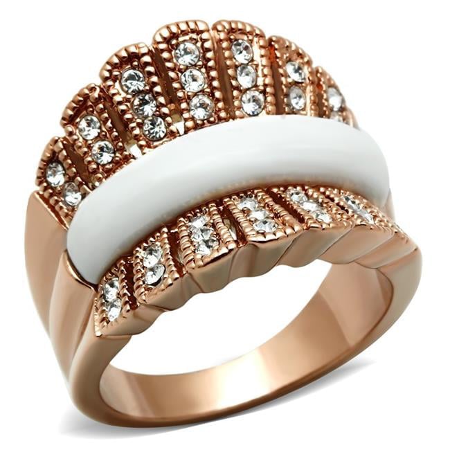 IP Rose Gold Ion Plating Brass Ring with Semi-Precious Agate, White - Size 5