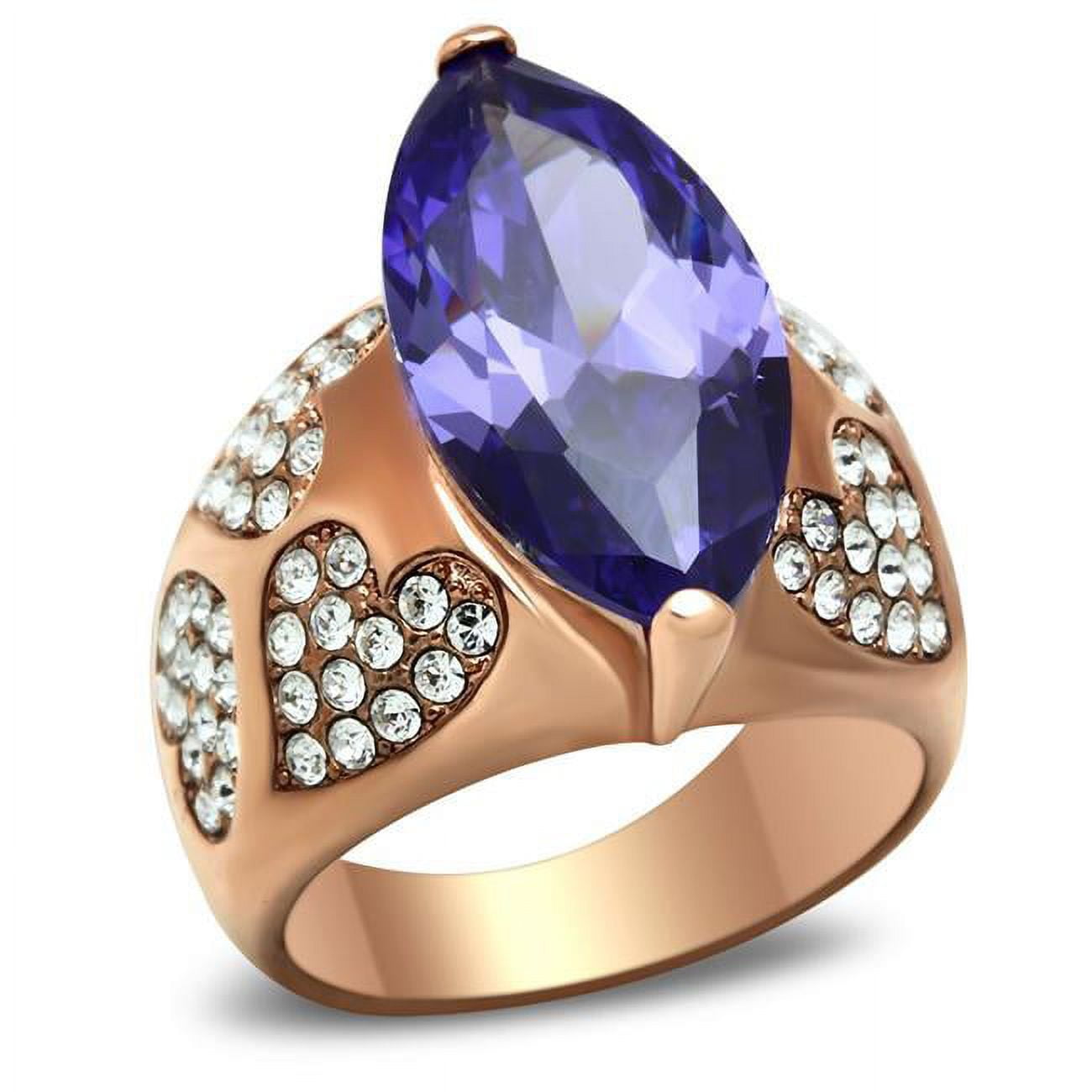 IP Rose Gold Ion Plating Brass Ring with AAA Grade CZ, Tanzanite - Size 5