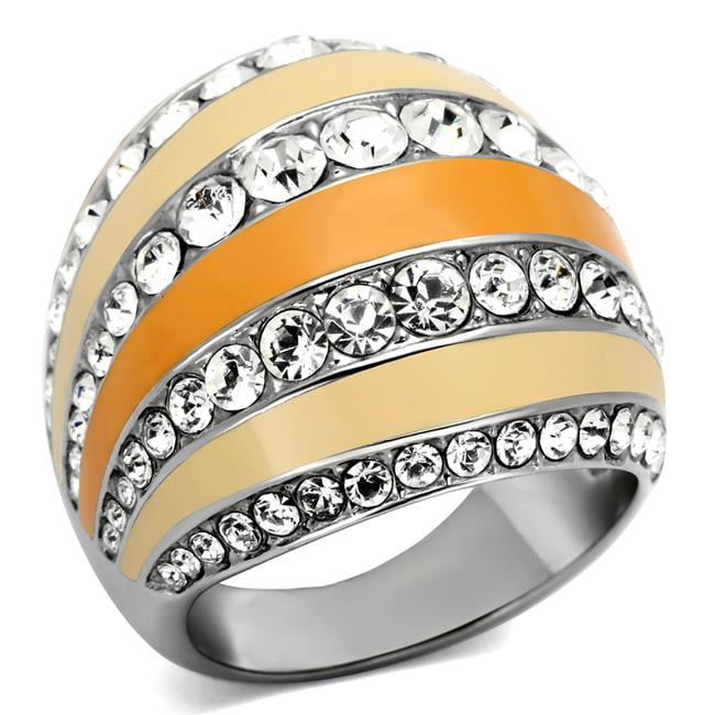 High Polished No Plating Stainless Steel Ring with Top Grade Crystal, Clear - Size 8