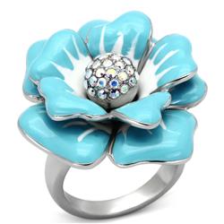 High Polished No Plating Stainless Steel Ring with Top Grade Crystal, Rainbow Effect Aurora Borealis - Size 5