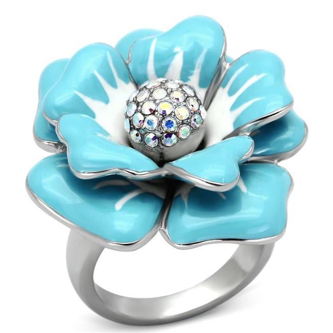 High Polished No Plating Stainless Steel Ring with Top Grade Crystal, Rainbow Effect Aurora Borealis - Size 8