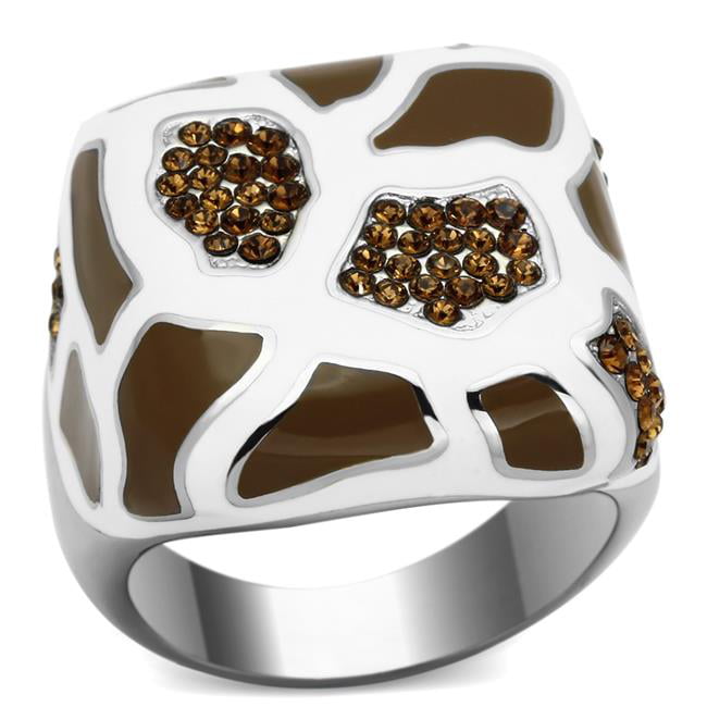 High Polished No Plating Stainless Steel Ring with Top Grade Crystal, Smoked Quartz - Size 11