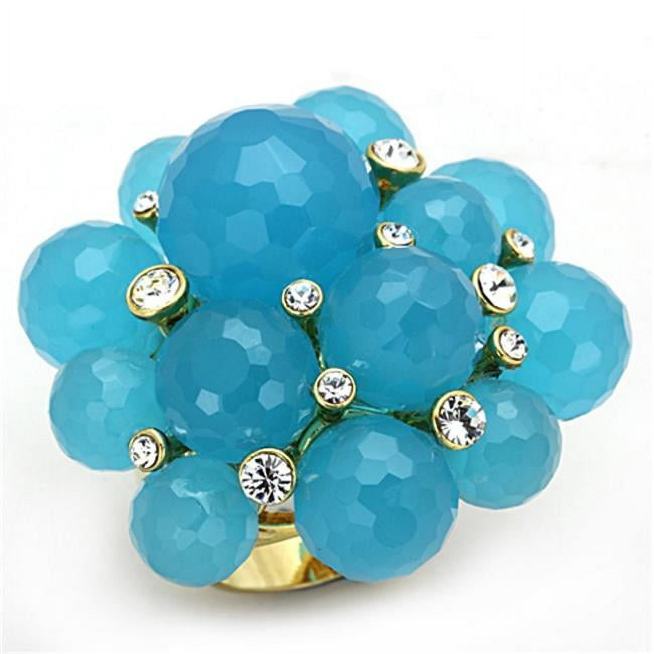 Picture of Alamode LO3212-6 Gold Brass Ring with Synthetic Glass, Sea Blue - Size 6