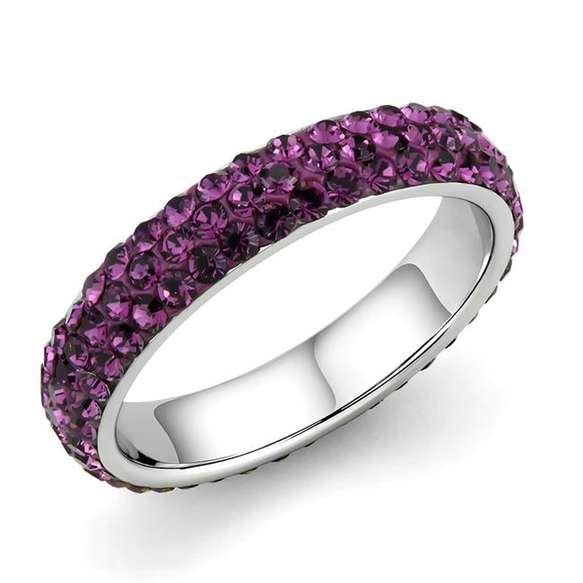 Women High Polished Stainless Steel Ring with Top Grade Crystal in Amethyst - Size 9