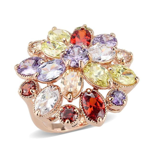 Rose Gold Brass Ring with AAA Grade CZ, Multi Color - Size 6