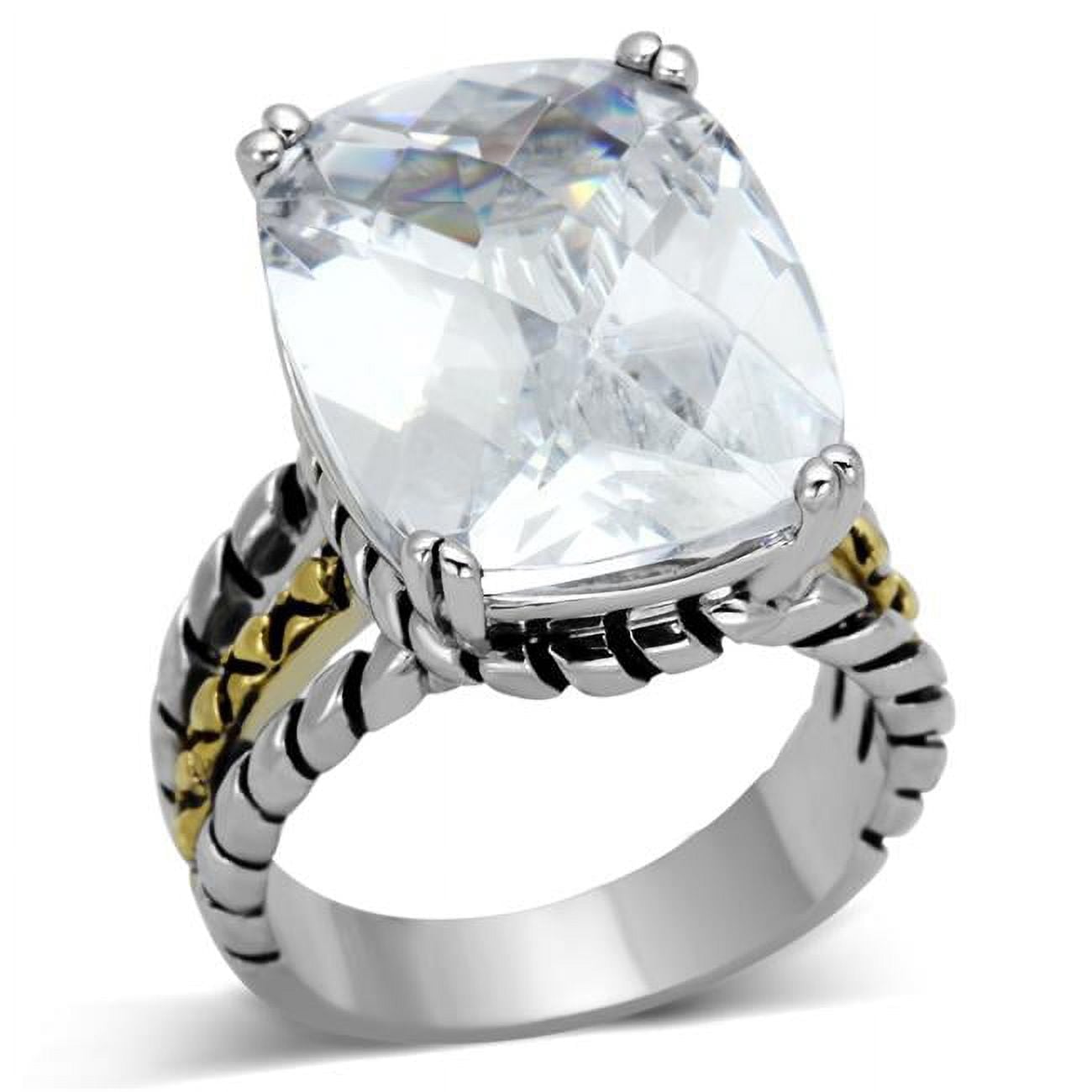 Reverse Two-Tone Brass Ring with AAA Grade CZ, Clear - Size 6