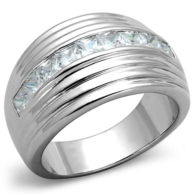 Rhodium Brass Ring with AAA Grade CZ, Clear - Size 8