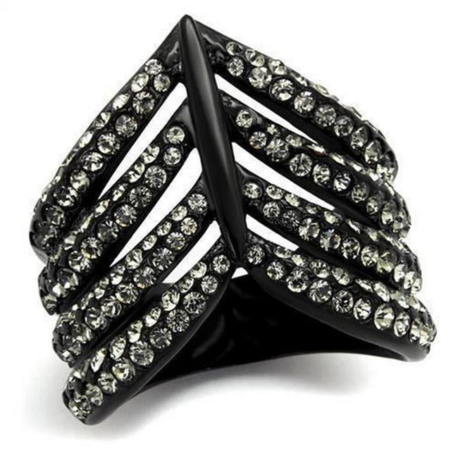 IP Black Ion Plating Stainless Steel Ring with Top Grade Crystal, Black Diamond - Size 5