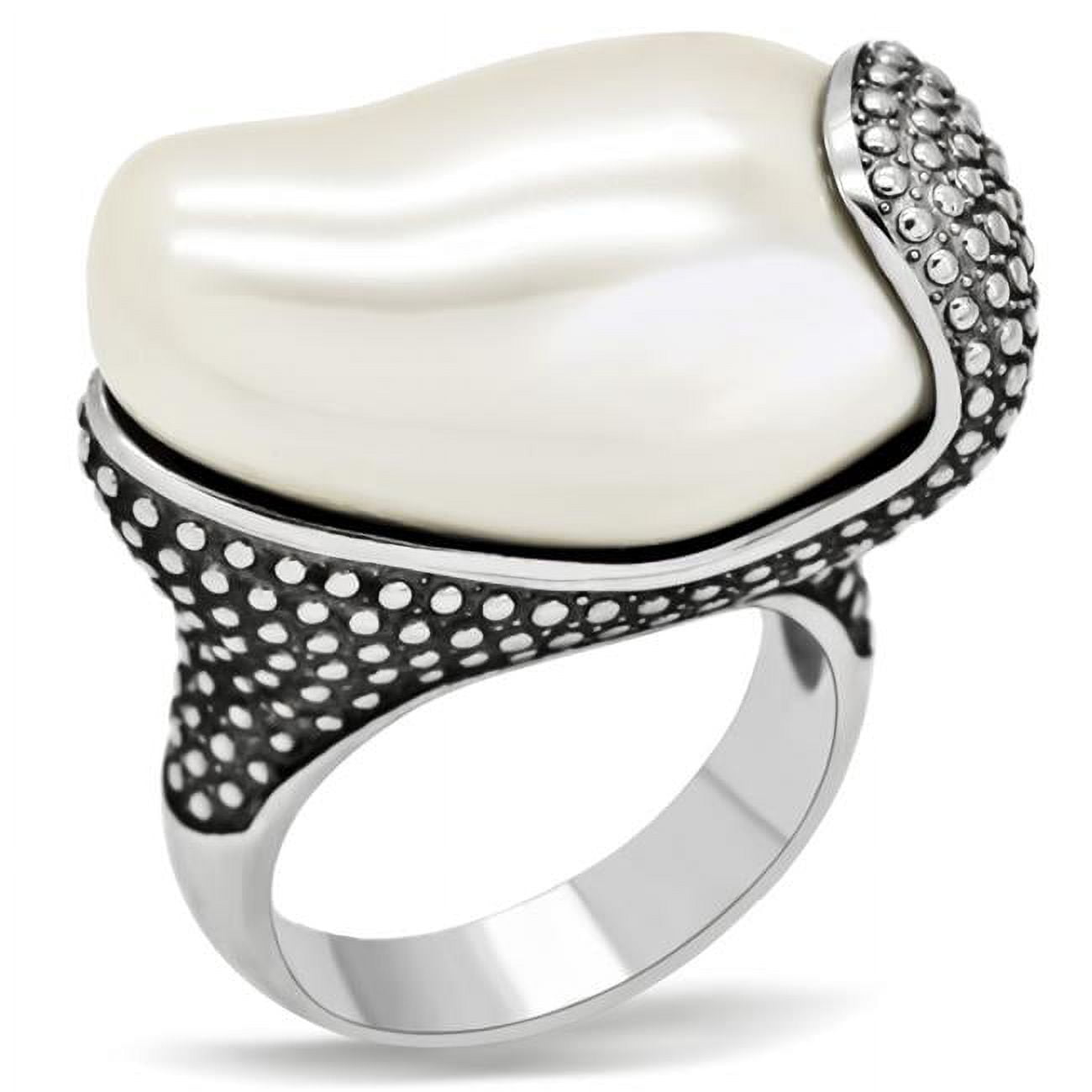 High Polished No Plating Stainless Steel Ring with Synthetic Stone, White - Size 5