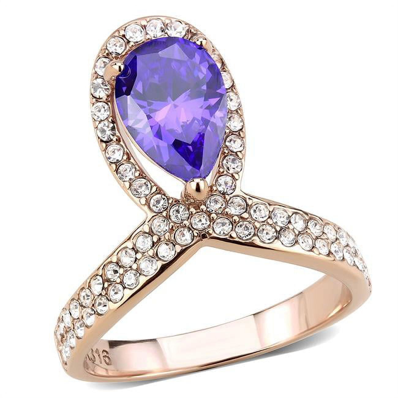 Women IP Rose Gold Stainless Steel Ring with AAA Grade CZ in Tanzanite - Size 5
