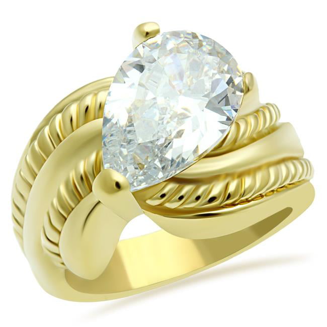 IP Gold Ion Plating Brass Ring with AAA Grade CZ, Clear - Size 5