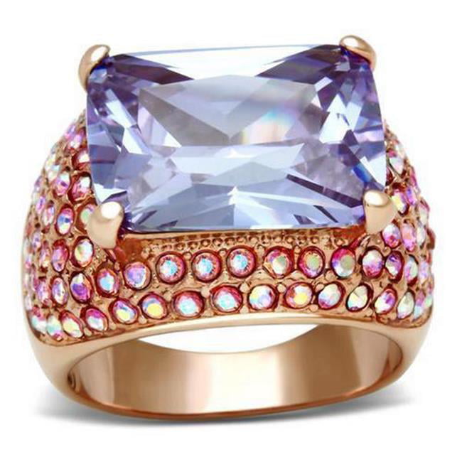 IP Rose Gold Ion Plating Brass Ring with AAA Grade CZ, Light Amethyst - Size 5