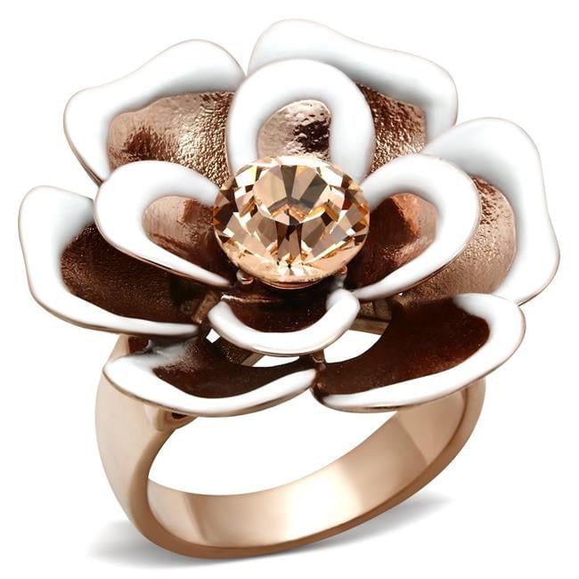 IP Rose Gold Ion Plating Brass Ring with Top Grade Crystal, Light Peach - Size 6